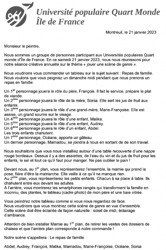 Une commande réalisée par un groupe de participants à l’Université populaire du 21/01/2023 : Abel, Audrey, François, Malika, Mamadou, Marie-Françoise, Océane et Sonia.