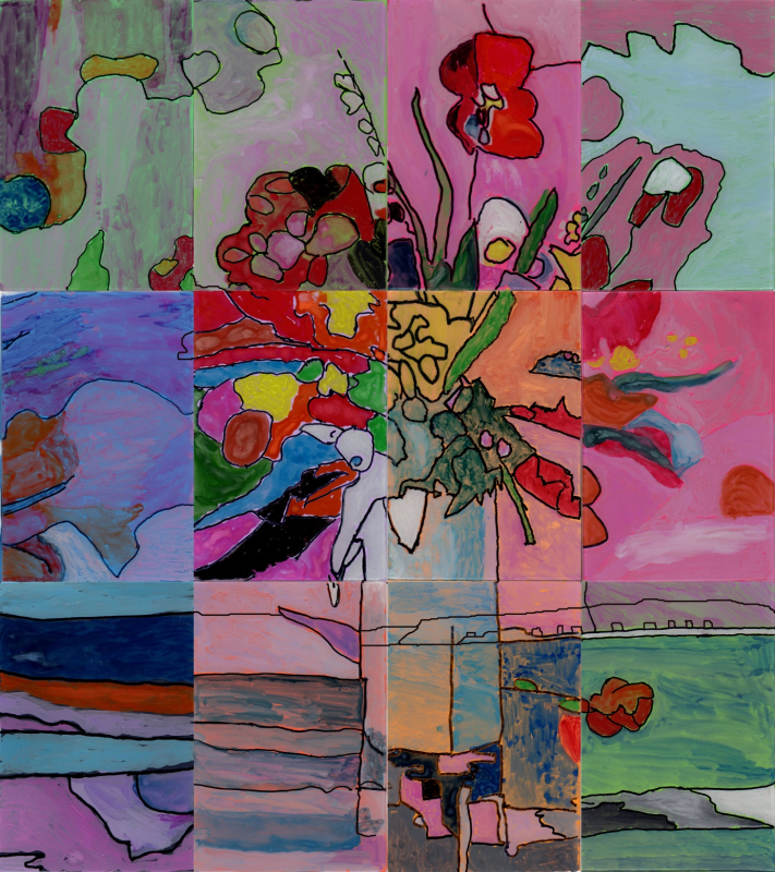 Collaboration CMN et ATD Quart-Monde – Cairn de Barnenez à Plouézoc’h – Exposition : « Qui suis-je devant le monde de Barnenez – Écritures graphiques de visiteurs » – Offrande (à nos ancêtres), travail de l’atelier « On peint ensemble » ATD Quart Monde Landerneau ; le cairn se profile en filigrane en fond de tableau – 2017 à 2019