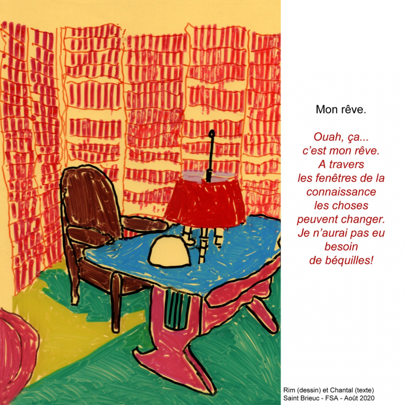 Collaboration CMN et ATD Quart Monde – Maison Ernest Renan à Tréguier – Exposition : À travers la fenêtre des mondes se rencontrent – Dessin Rim (FSA – Saint‑Brieuc), interjection Chantal (FSA – Saint‑Brieuc) – 2020 à 2022